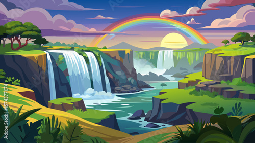 Victoria Falls, Zambia/Zimbabwe – Cascading water plummets in thundering curtains. Mist rises over rainbow spray, surrounded by emerald rainforest—nature’s majestic power in full display.