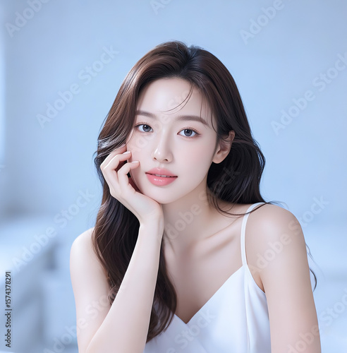 Korean beauty with long dark brown hair, one hand on cheek, healthy and moisturized skin. Pure Wearing halter top, high end beauty agency model 