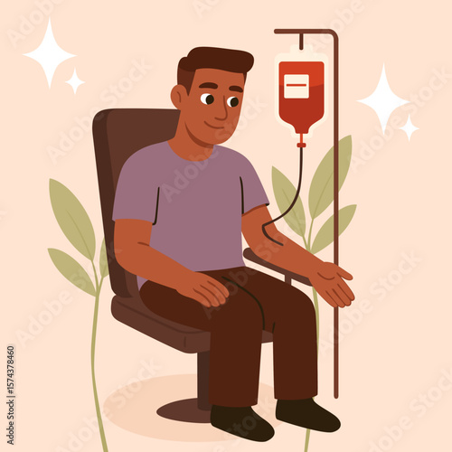 Cartoon vector illustration of a man receiving a blood transfusion