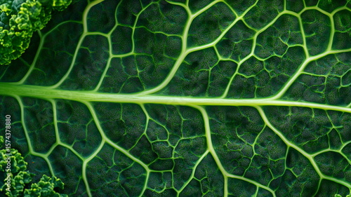 Cellular-level close-up of kale leaf veins with intense magnification