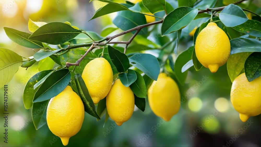 Close-up of ripe yellow lemons growing on green leafy branches in orchard under natural sunlight. Fresh citrus harvest ready for picking. Vibrant and organic look.