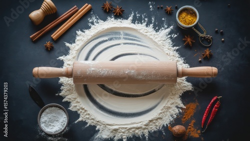 Wallpaper Mural Overhead shot of baking ingredients including flour rolling pin and spices on a dark surface Torontodigital.ca