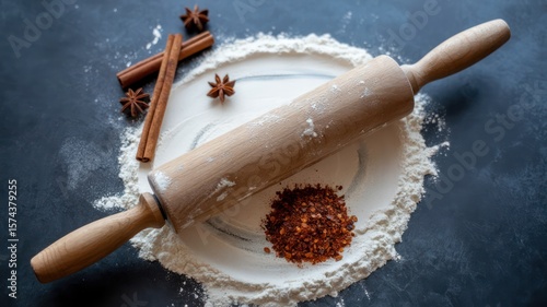 Wallpaper Mural A rolling pin resting on flour with cinnamon sticks and star anise on a dark surface viewed from above Torontodigital.ca