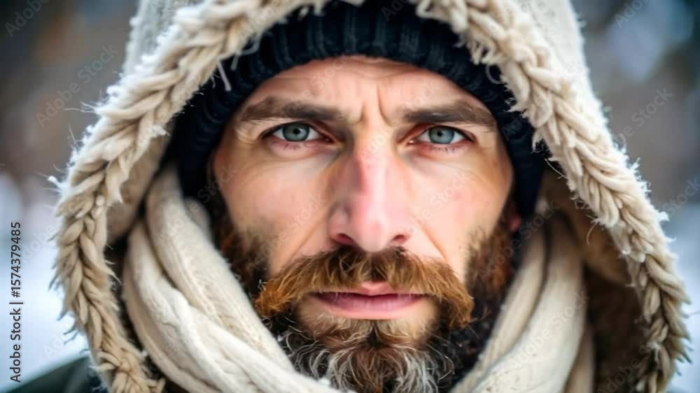 Intense gaze of a bearded man wrapped in knitted layers Intense gaze of a bearded man wrapped in knitted layers