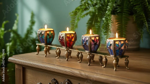 Wallpaper Mural Four decorative candle holders with lit candles on a wooden dresser with plants in the background Torontodigital.ca