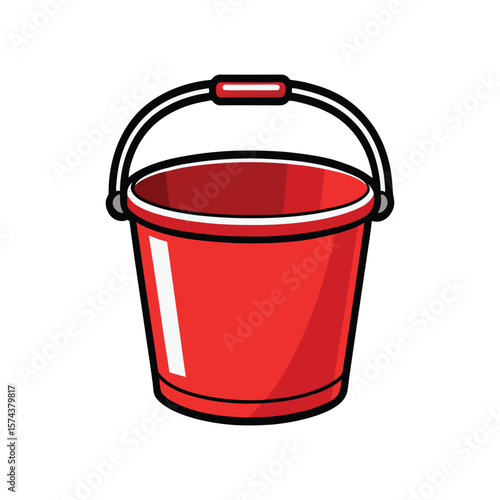 Simple red plastic bucket with metal handle isolated on white background