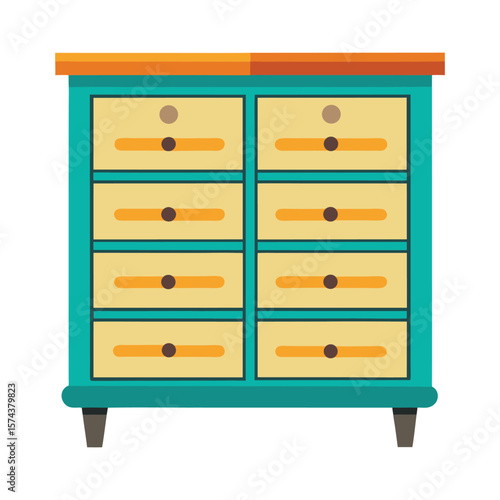 Retro teal and yellow dresser with eight drawers and wooden top