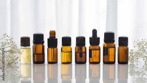 Wallpaper Mural Assortment of essential oil bottles in amber glass with flowers on a white reflective surface Torontodigital.ca