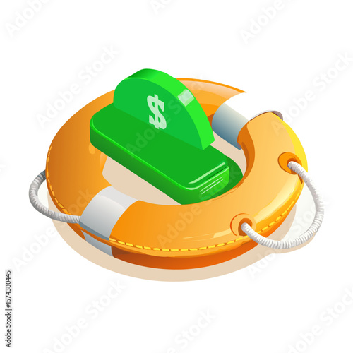 Isometric Money on Life Buoy: Financial Rescue, Investment Security, and Debt Salvation