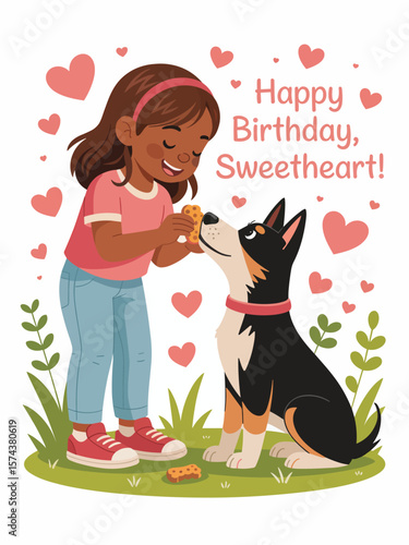 Happy birthday sweetheart girl giving dog a treat surrounded by hearts and greenery