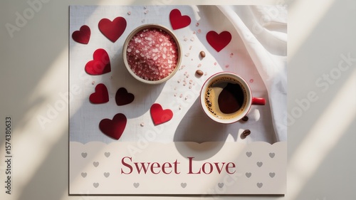 Wallpaper Mural Still life of coffee cup, bowl of pink crystals, and red hearts on a white background with sweet love text Torontodigital.ca