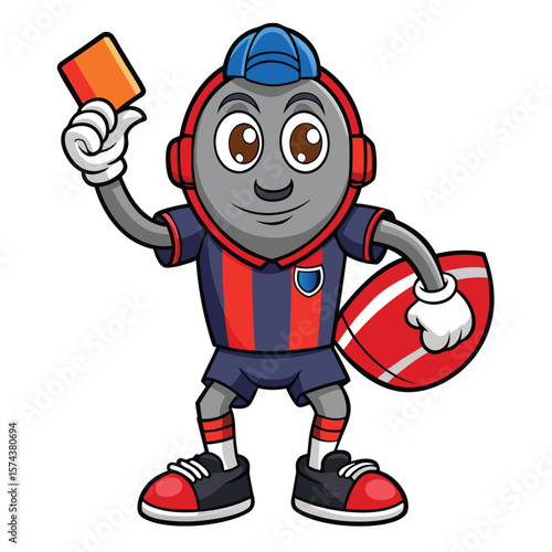 Cartoon sports referee holding a red card and a ball