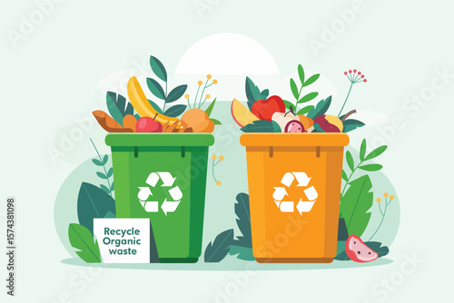 Two colorful bins for organic waste recycling and composting with fresh fruits and vegetables