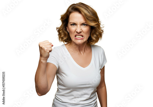 A woman shaking her fist angrily on transparent background 