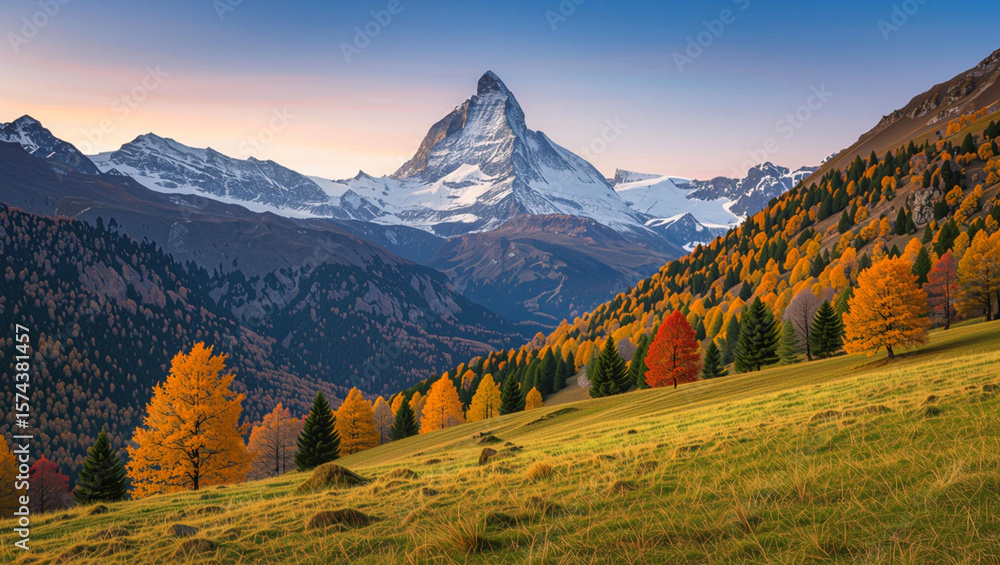 Fototapeta premium Majestic matterhorn peak in switzerland under a soft sunset sky during autumn