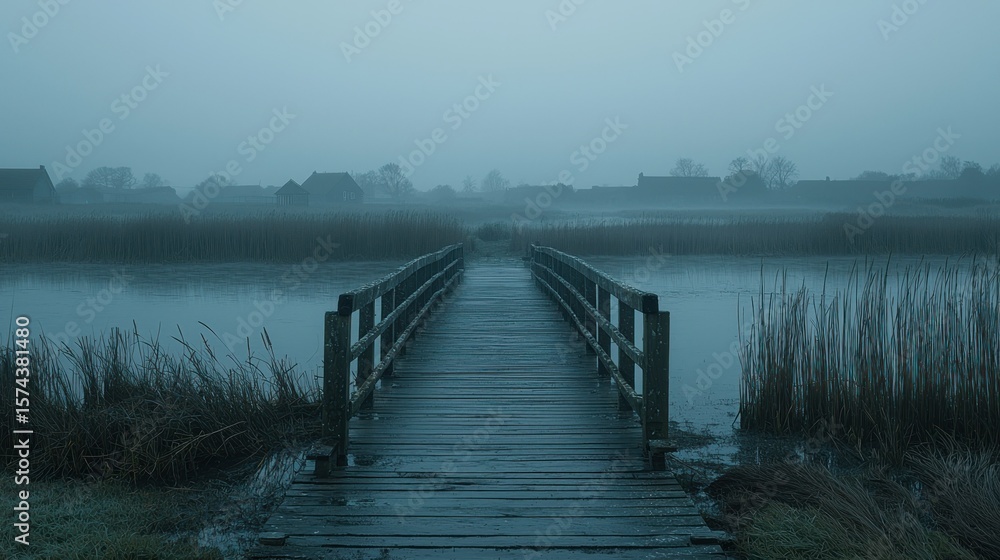 Naklejka premium Misty Wooden Bridge Over Still Water