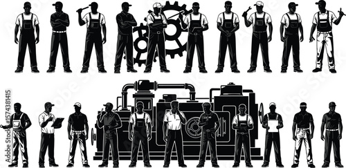 Industrial workers silhouette illustration, gear and machinery background, manufacturing teamwork poses, tool holding graphics, black vector design, factory labor force concep