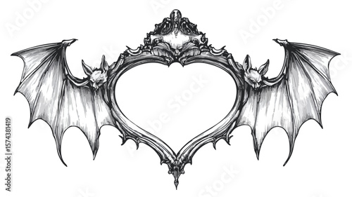 Gothic Engraved Mirror with Bat Wings: Dark and Mysterious Illustration for Designers