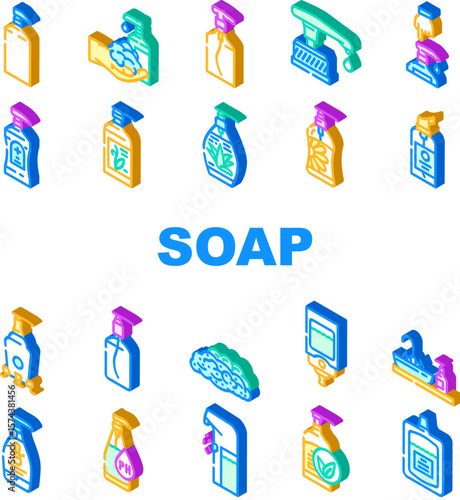 liquid soap cleanser hygiene icons set vector
