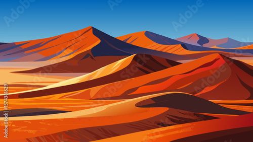 Namib Desert, Namibia – Rust‑red dunes curve gracefully under pale blue sky. Shadows highlight elegant lines, evoking isolation and elemental desert grandeur.