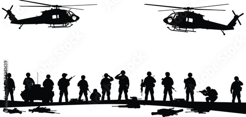 Military vector scene, soldier silhouettes, helicopters, vehicle, rifles, war tribute art, black illustration, army operation, defense force lineup, armed strategy display