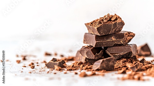 Dark chocolate pieces stacked and scattered on a surface.