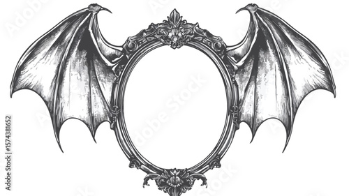 Gothic Engraved Mirror with Bat Wings: Dark and Mysterious Illustration for Designers