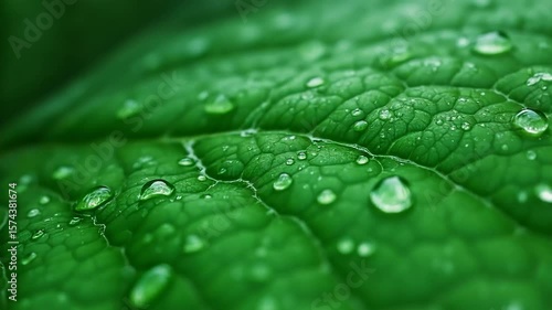 Vibrant green leaves shimmer with fresh water droplets, a close-up of nature's glistening macro beauty after a gentle rain