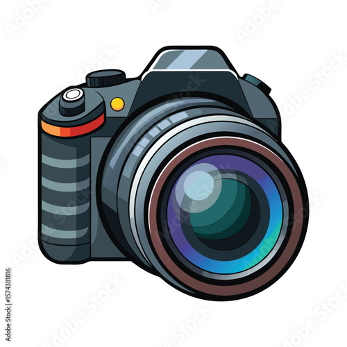 Modern digital slr camera with professional lens and reflective elements