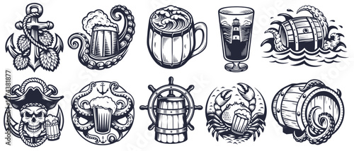Ten vintage monochrome nautical beer emblems set are presented, showcasing various elements such as mugs, barrels, anchors, hop cones, octopus tentacles, pirate skulls, crabs, and a lighthouse