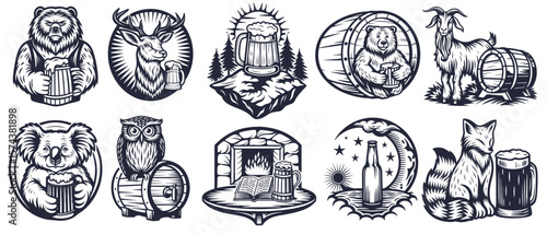 Vintage monochrome brewery emblems collection with various funny animals holding beer mugs, wooden barrels, bottle, fireplace and open book isolated vector illustration set