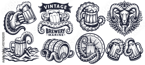 Vintage monochrome marine brewery emblems set with beer mugs, wooden barrels, octopus tentacles, ram head and hop branches isolated on white background