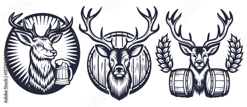 Vintage style monochrome vector set featuring muscular deer silhouette standing near wooden beer barrel, beer mug decorated with hop branches, representing classic brewery design