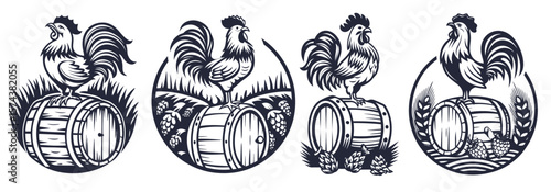 Monochrome vector illustration set of a proud rooster standing and crowing on a wooden barrel with metal hoops, surrounded by hops flowers, ideal for a brewery or beer related business