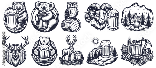Vintage monochrome illustrations set depicting wild animals like bears, koalas, and owls alongside rustic outdoor scenes with mountains, campfires, and beer mugs