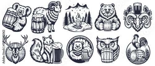 Vintage monochrome set featuring various animals like a koala, ram, bear, fox, deer, owl, and rooster interacting with beer, ideal for brewery emblems or bar decor