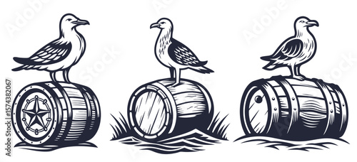 Monochromatic vector illustration set depicting a seagull perched on a wooden beer barrel resting on sandy shores, capturing the essence of a nautical brewing theme with vintage flair