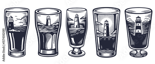 Monochromatic vector illustration set featuring a pint glass containing a stylized depiction of a lighthouse amidst the sea and clouds, radiating a vintage nautical charm