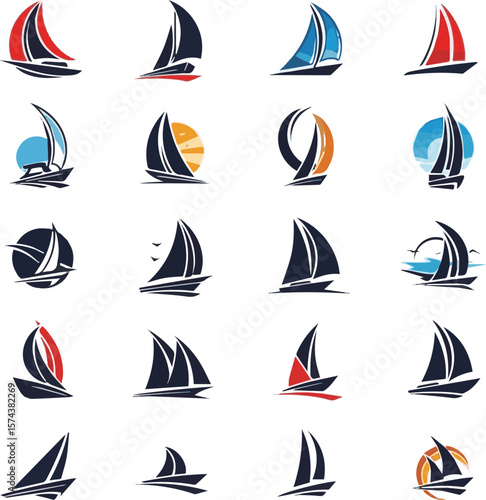 Create a kinds of deferent Colorful sailing boat logo set vector art with white background.