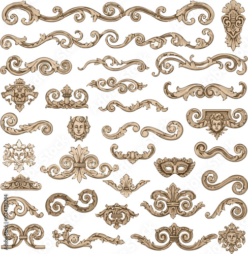 Create a kinds of deferent Baroque scroll elements vector art with white background.
