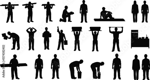 Kitchen interior and activity silhouettes illustration, people in daily poses, working, sitting, lifting, modern household scene vector, black lifestyle graphic collection