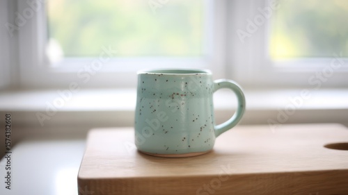 Wallpaper Mural A speckled light blue ceramic mug sits on a wooden surface near a window with natural light shining through Torontodigital.ca