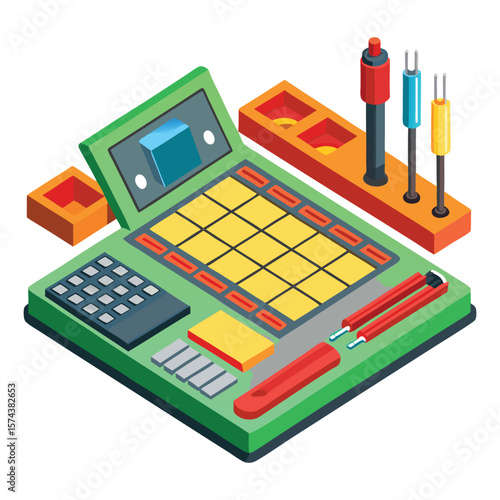 Isometric view of a futuristic electronic music production workstation with colorful components