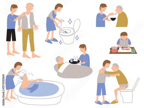 高齢者を介護するヤングケアラーのイラストセット