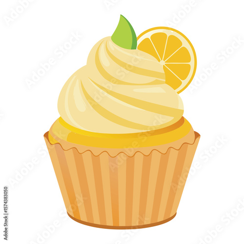 Delicious lemon muffin with swirled frosting and fresh citrus slice