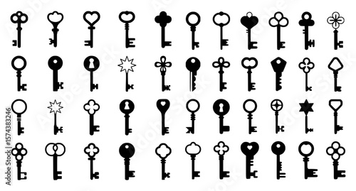 Collection of various decorative antique keys in a simple black and white style