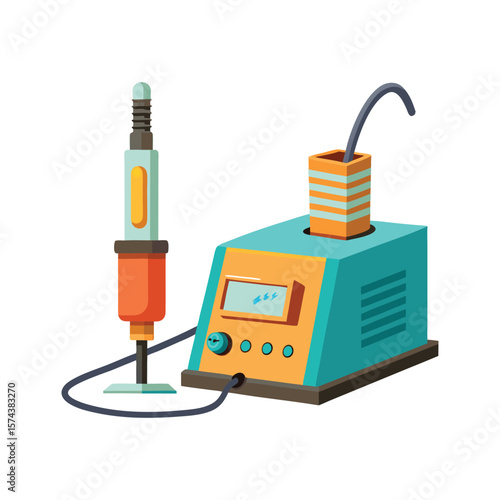 Illustration of a modern soldering iron station with digital display and connected tool