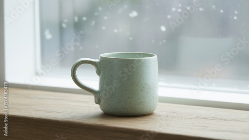 Wallpaper Mural A light green mug sits on a wooden windowsill with a blurred window and snow in the background Torontodigital.ca