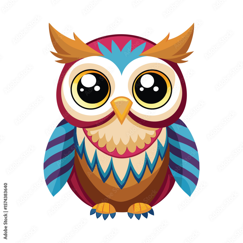 Fototapeta premium Cute cartoon owl with big eyes and colorful feathers illustration