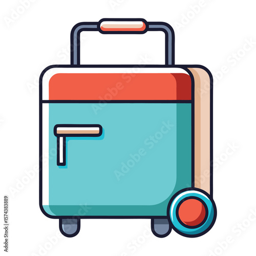 Modern teal and orange rolling suitcase with telescopic handle and wheels